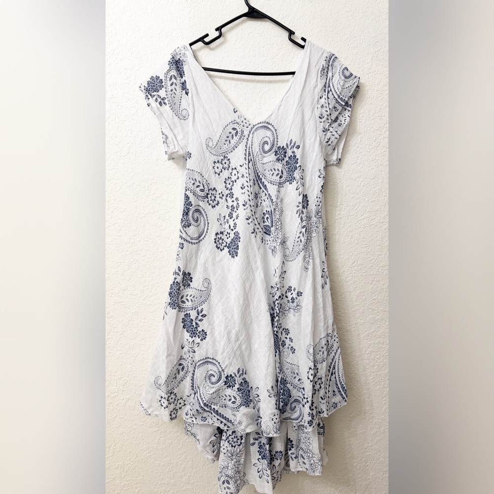 Beautiful White & Denim Blue Dress by Luca Vanucci. Two tiered a-line dress. XL.